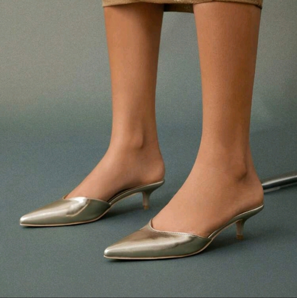 WomenElegant Light Gold Patent Pu Leather Stylish Chic Low Heel Pointed-Toe Shoe